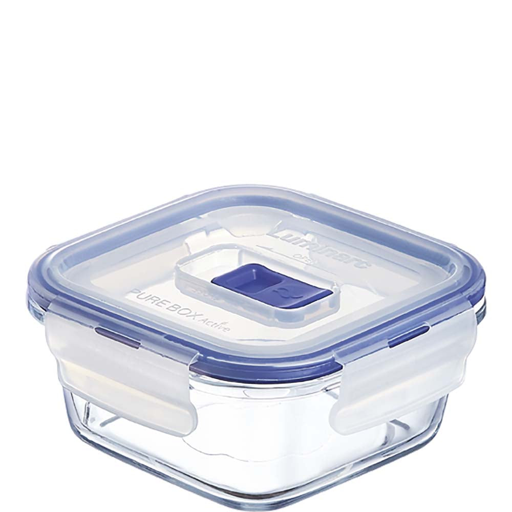 Glasklare Lunchbox mit blauem Deckel