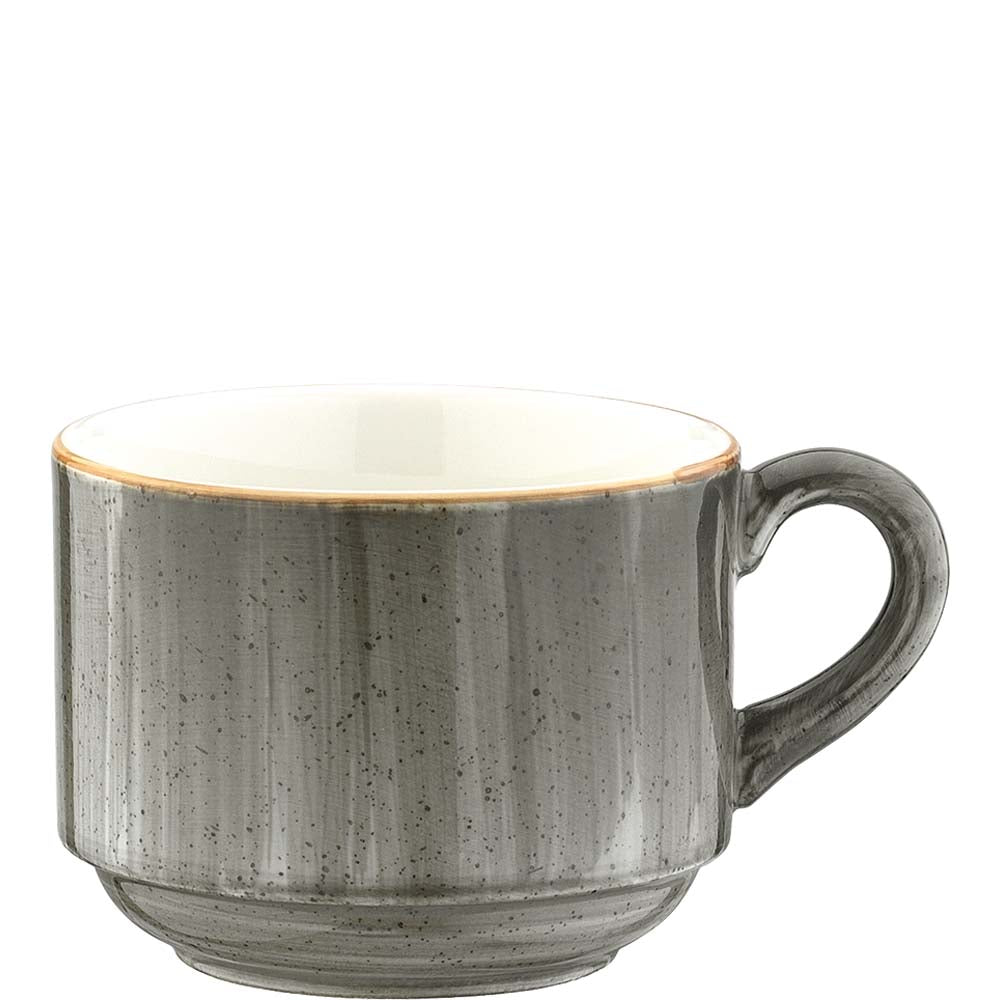 Graue Keramiktasse mit Henkel.
