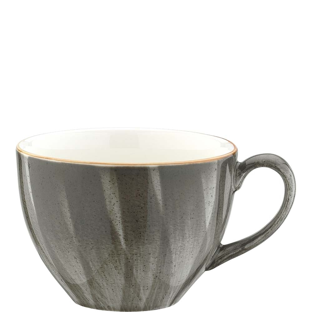 Graue Keramiktasse mit Henkel.