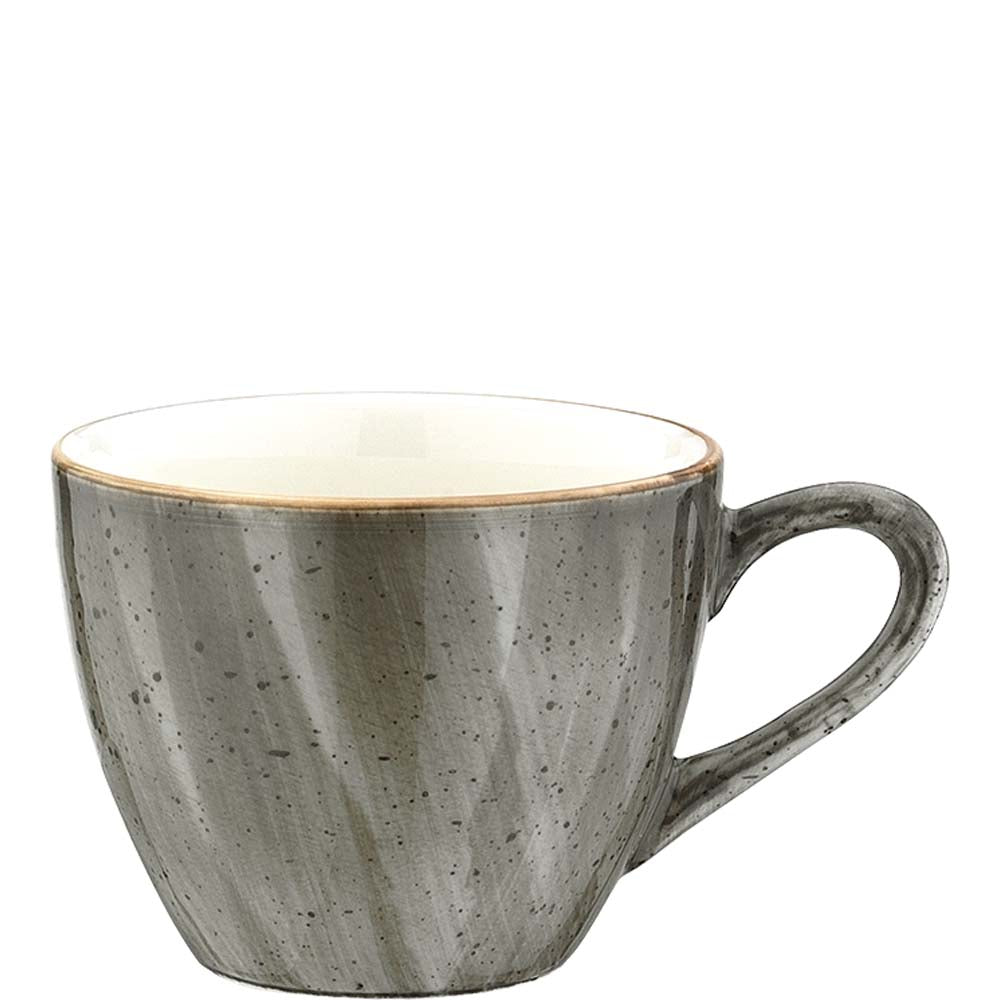 Graue Keramiktasse mit Henkel.