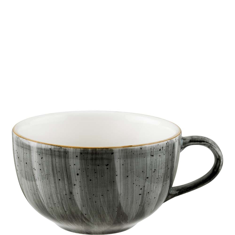 Graue Keramiktasse mit Henkel.