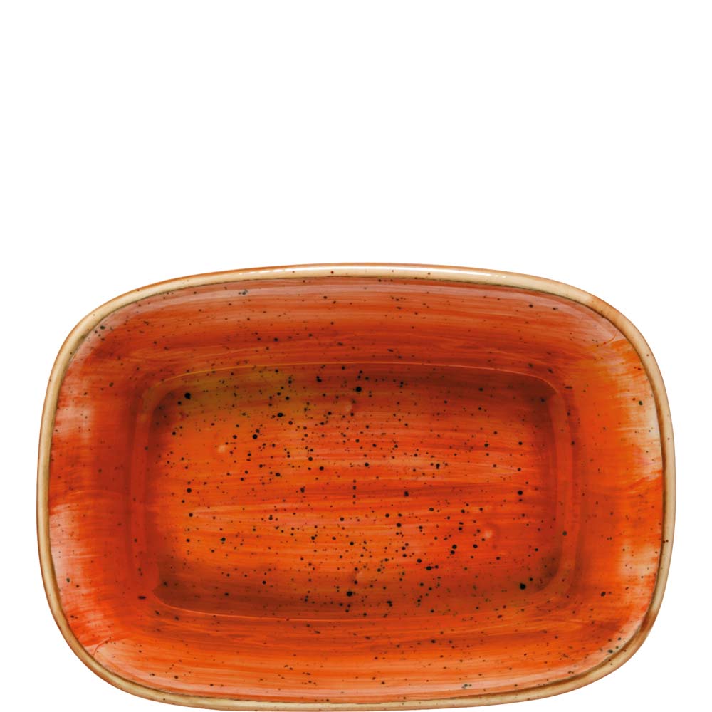 Orangene keramische Auflaufschale