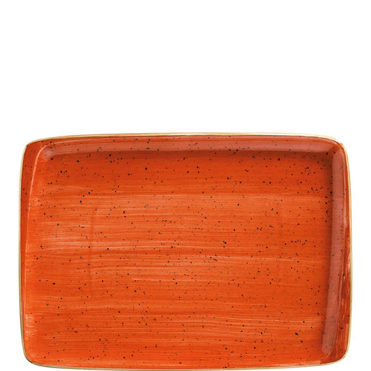 Orangene Keramikauflaufform mit schwarzen Flecken