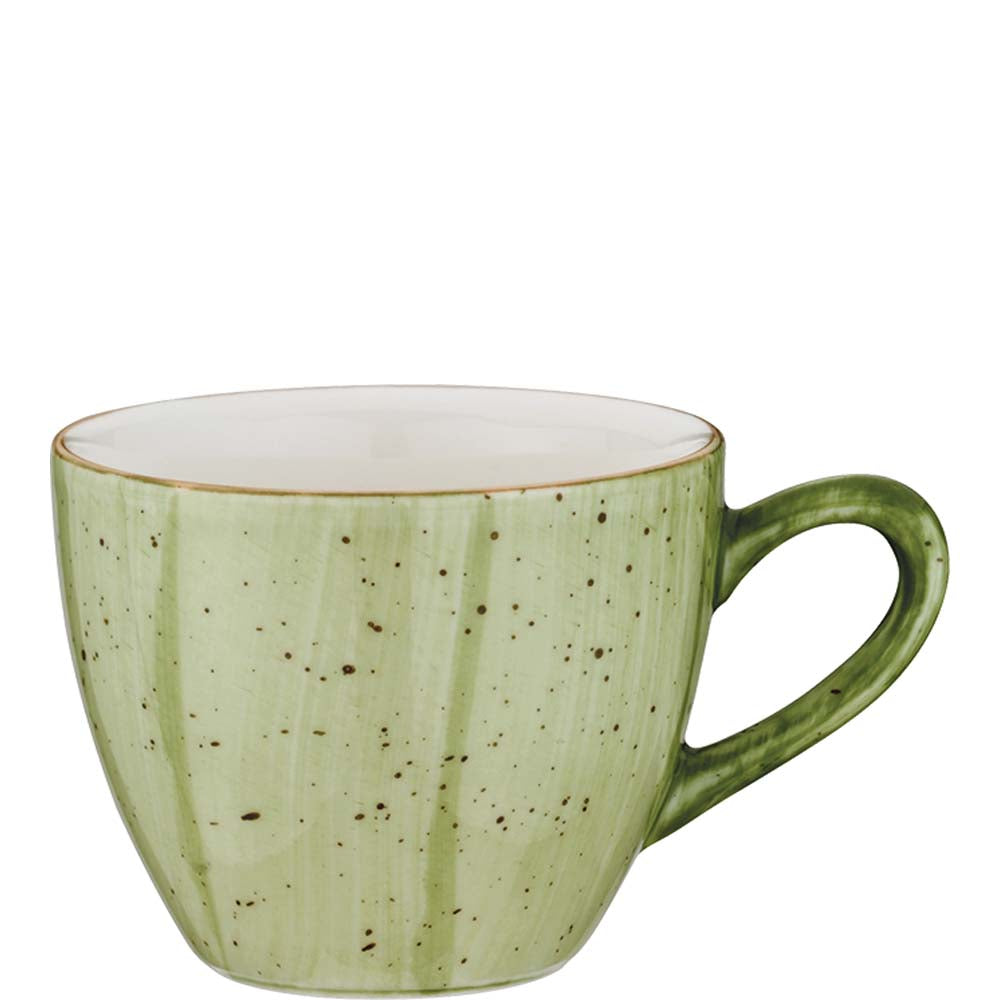 Grüne, gesprenkelte Kaffeetasse.