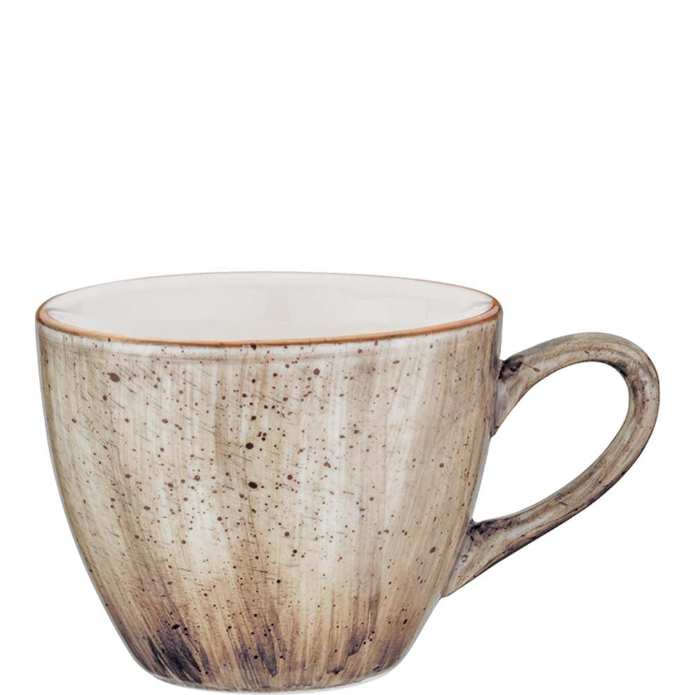 Keramiktasse mit gesprenkeltem Design.