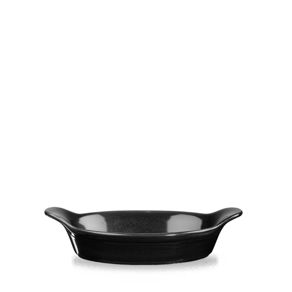 Schwarze ovale Servierschale aus Keramik.