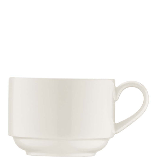 Weiße Tasse mit Henkel.