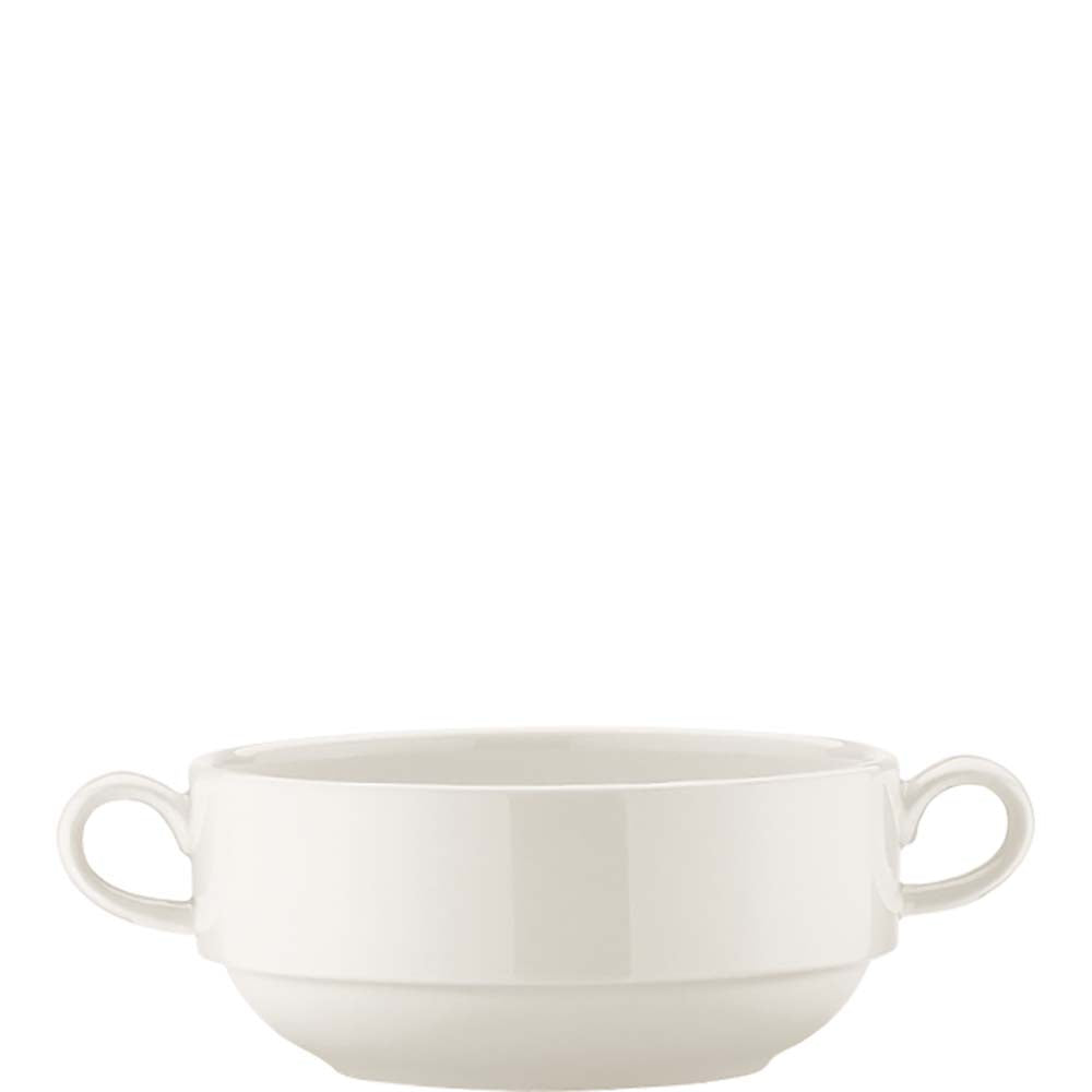 Weiße Suppenschüssel mit Henkeln.