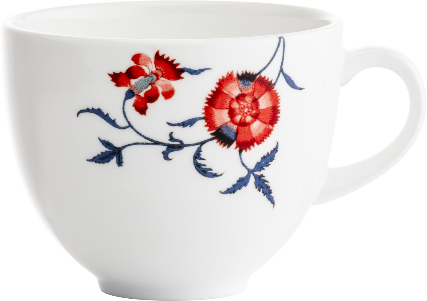 Weiße Tasse mit Blumenmuster.