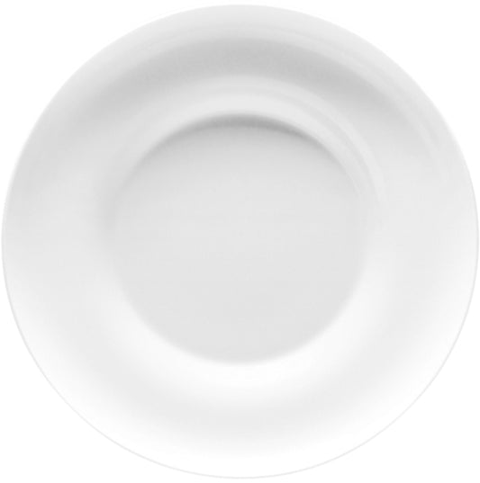 Weißer, runder, leerer Teller.