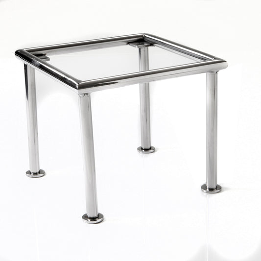 Metalltisch mit Glasplatte.