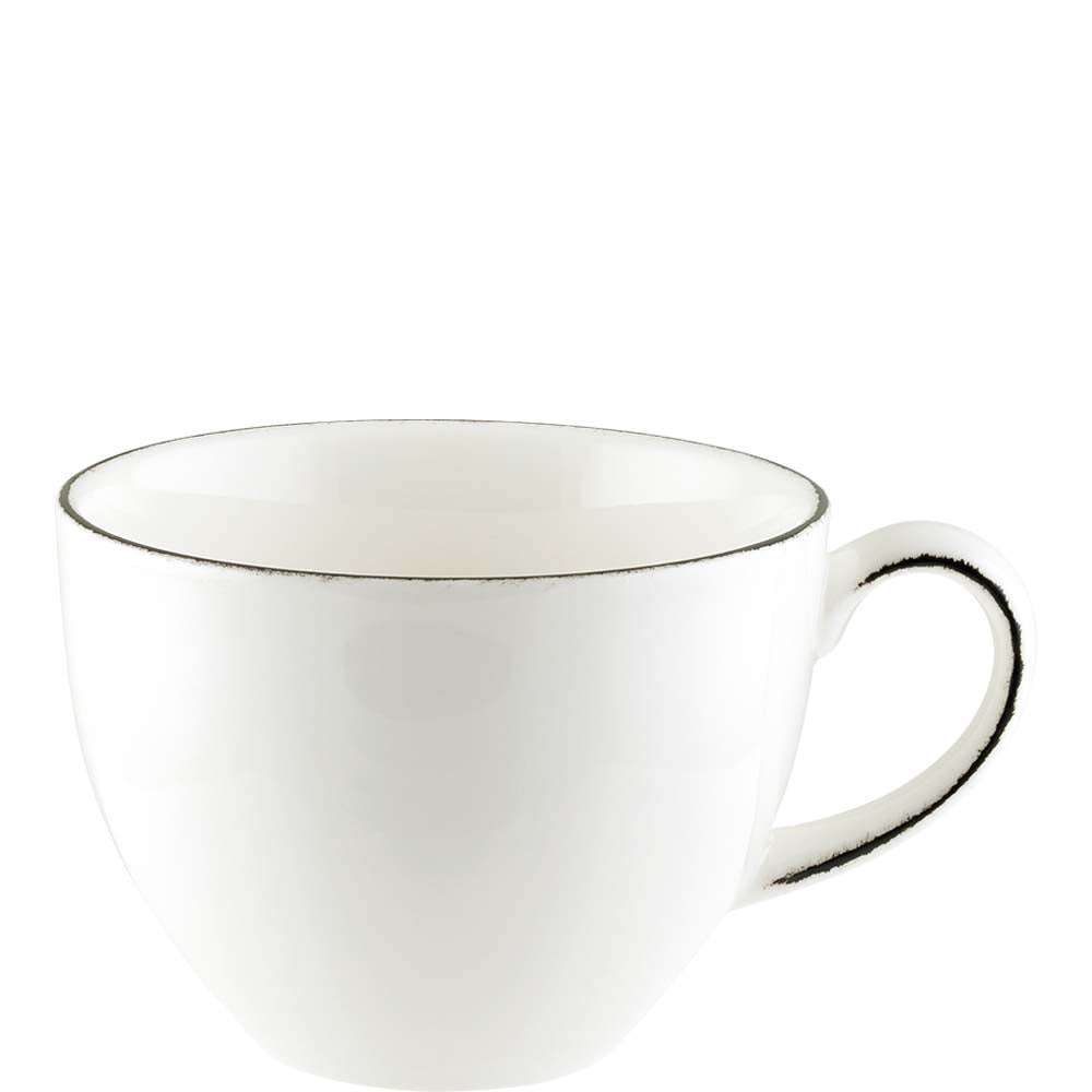 Weiße Tasse mit schwarzem Rand.