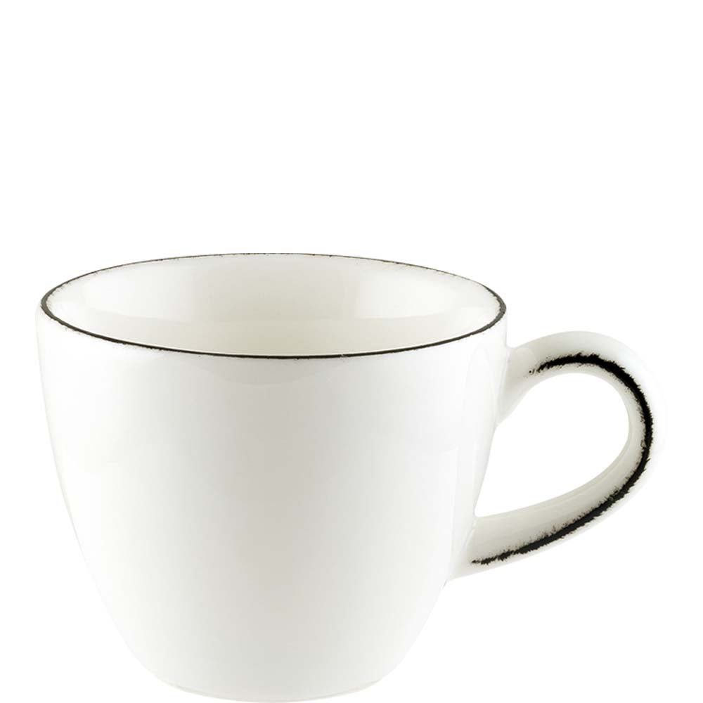 Weiße Tasse mit schwarzem Rand.