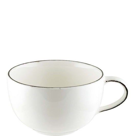 Weiße Tasse mit Henkel.