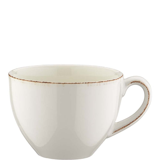 Weiße Tasse mit Henkel.