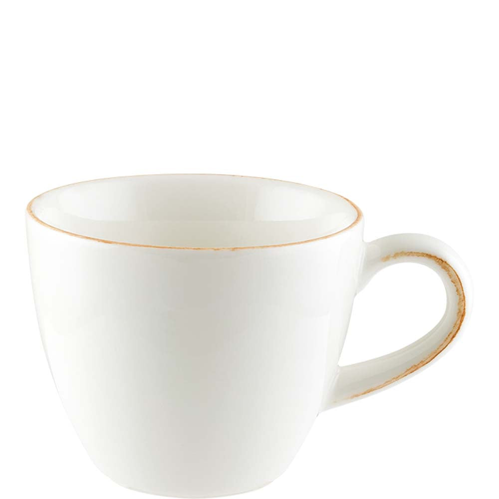 Weiße Tasse mit Henkel.