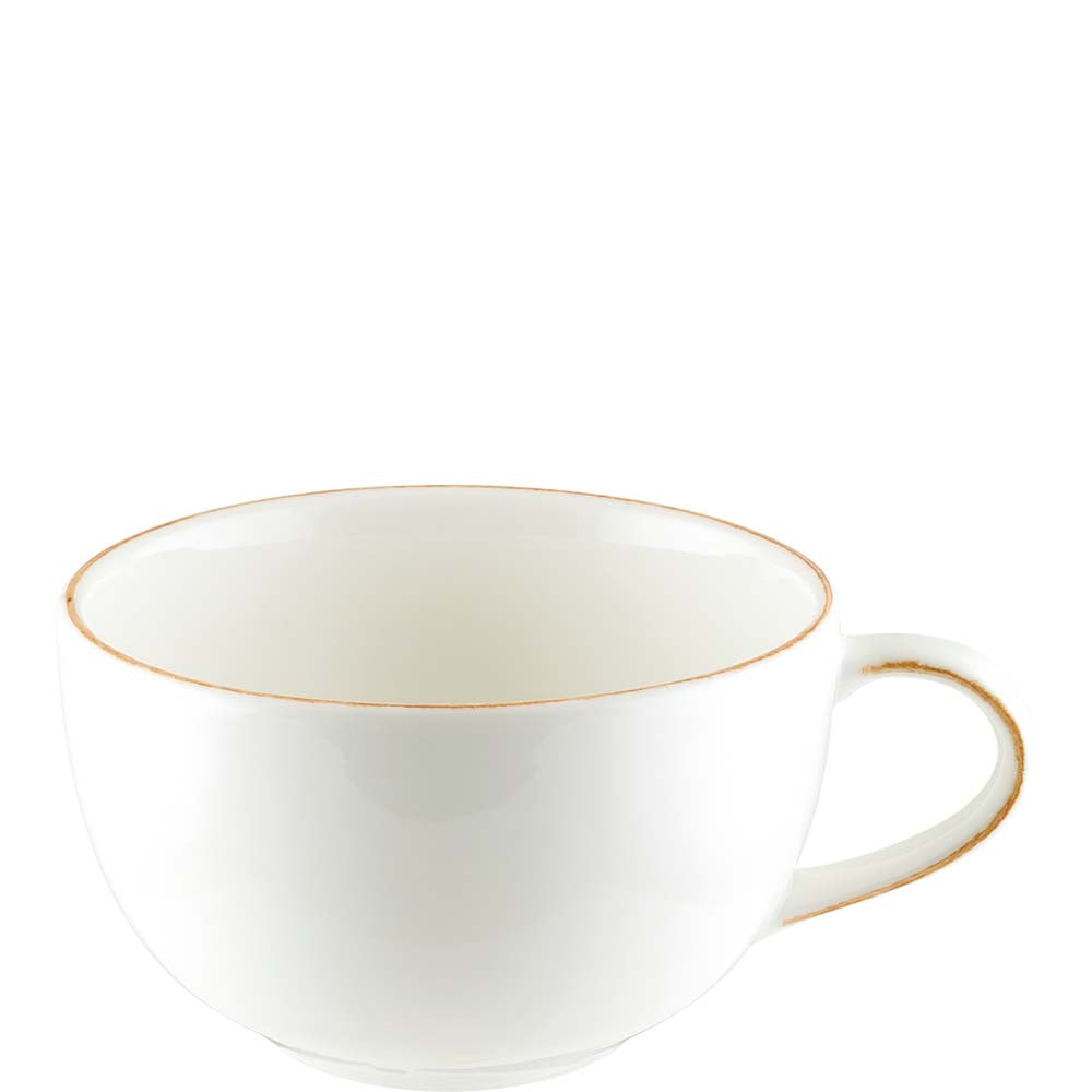 Weiße Tasse mit Henkel.