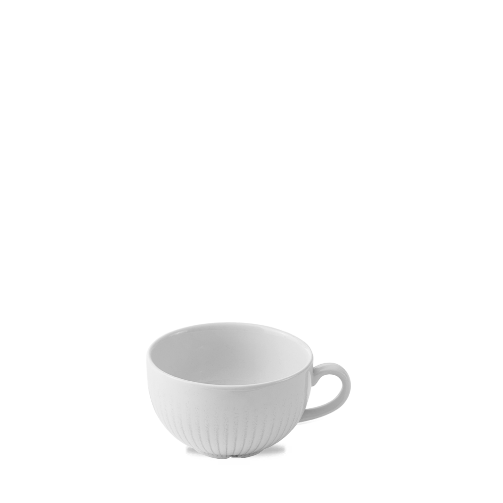 Weiße Tasse auf weißem Hintergrund.