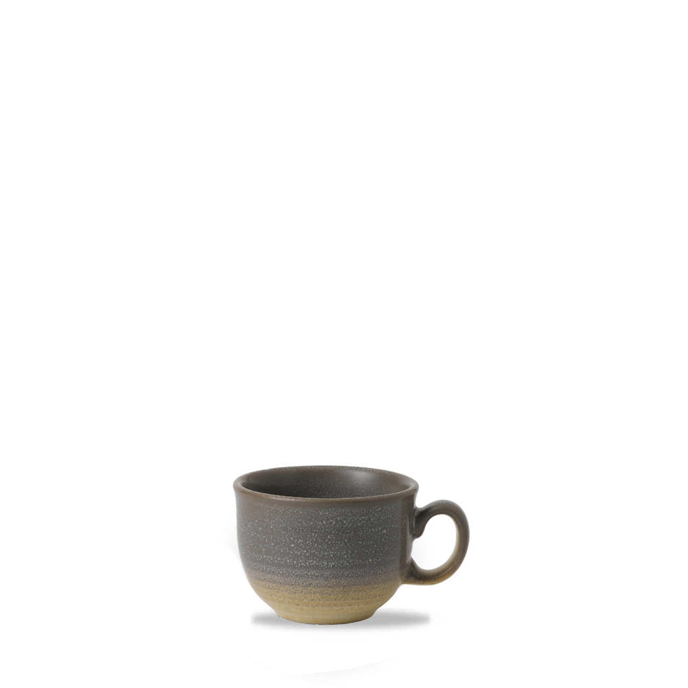 Graue Tasse auf weißem Hintergrund.