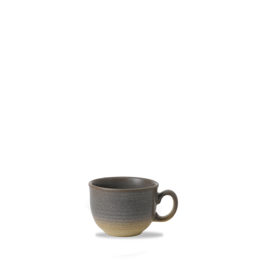 Graue Tasse auf weißem Hintergrund.