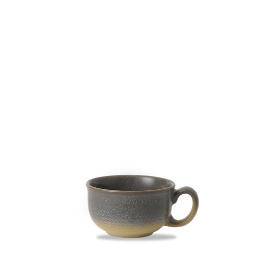 Graue Keramiktasse auf weißem Hintergrund.