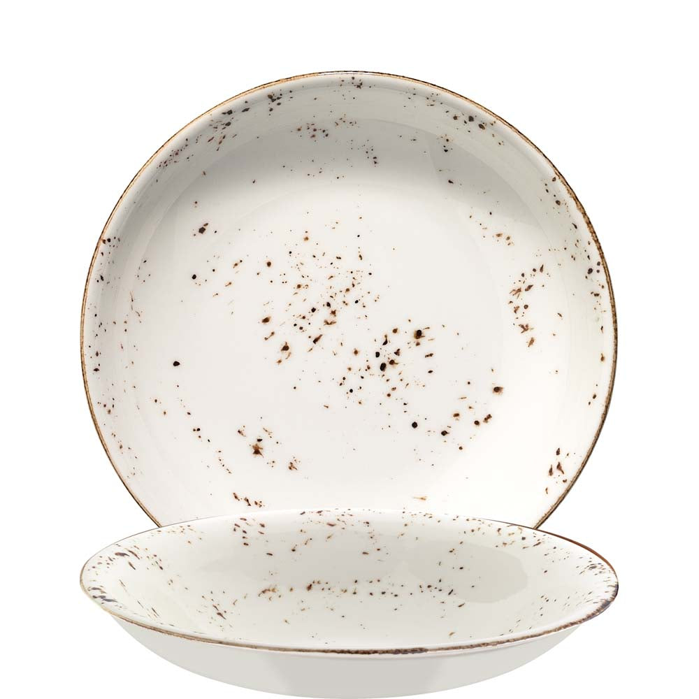 Zwei rustikale, gesprenkelte Teller.