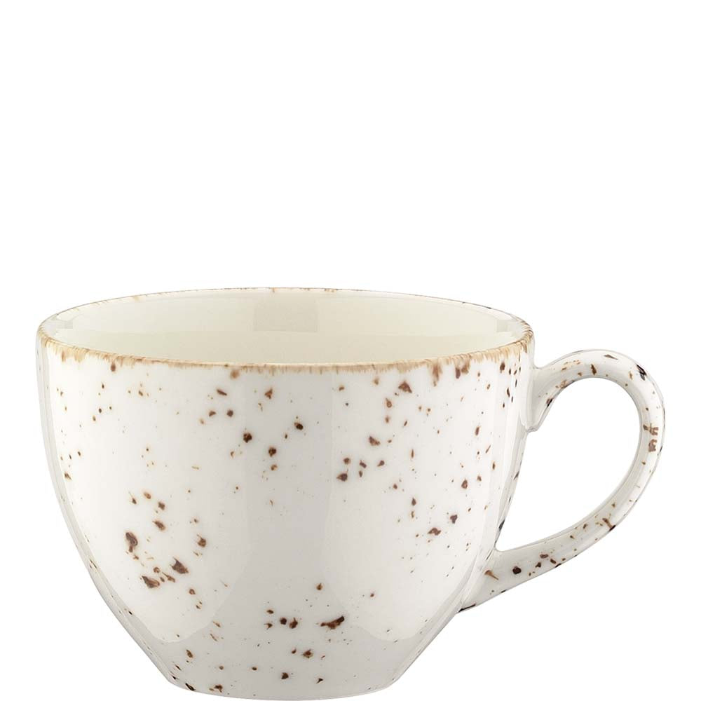 Weiße, gesprenkelte Kaffeetasse.