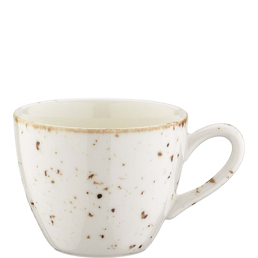 Keramiktasse mit gesprenkeltem Design.