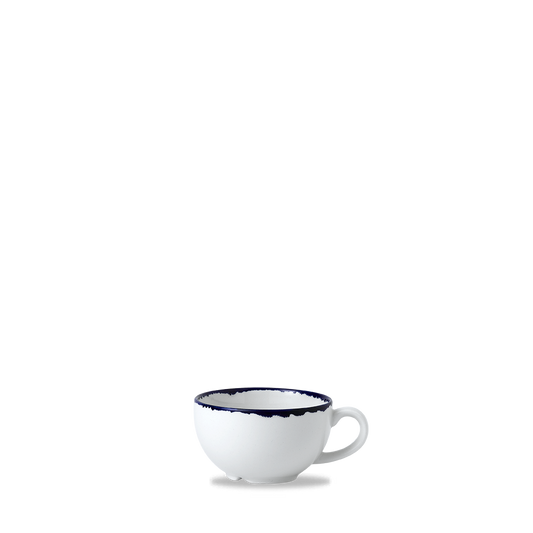 Weiße Tasse mit blauem Rand.