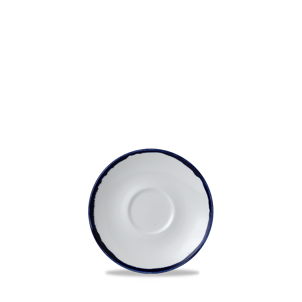 Weiße Untertasse mit blauem Rand.