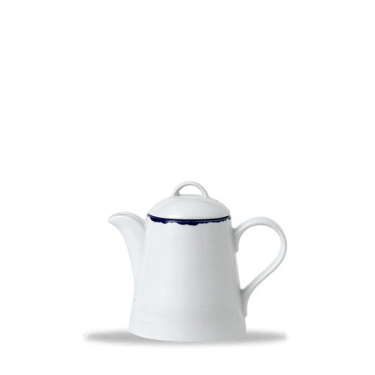 Weiße Teekanne mit blauem Rand.