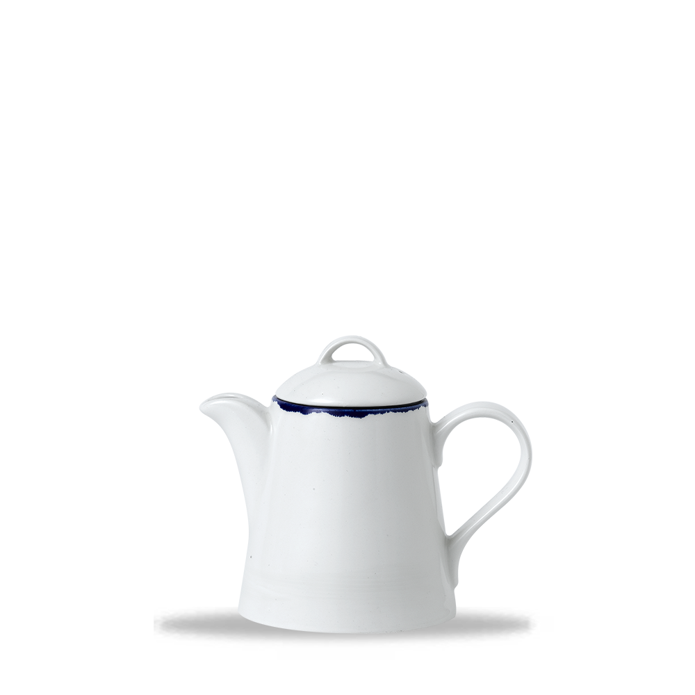 Weiße Teekanne mit blauem Rand.