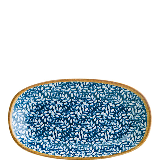 Blauer Musterteller mit Holzrand