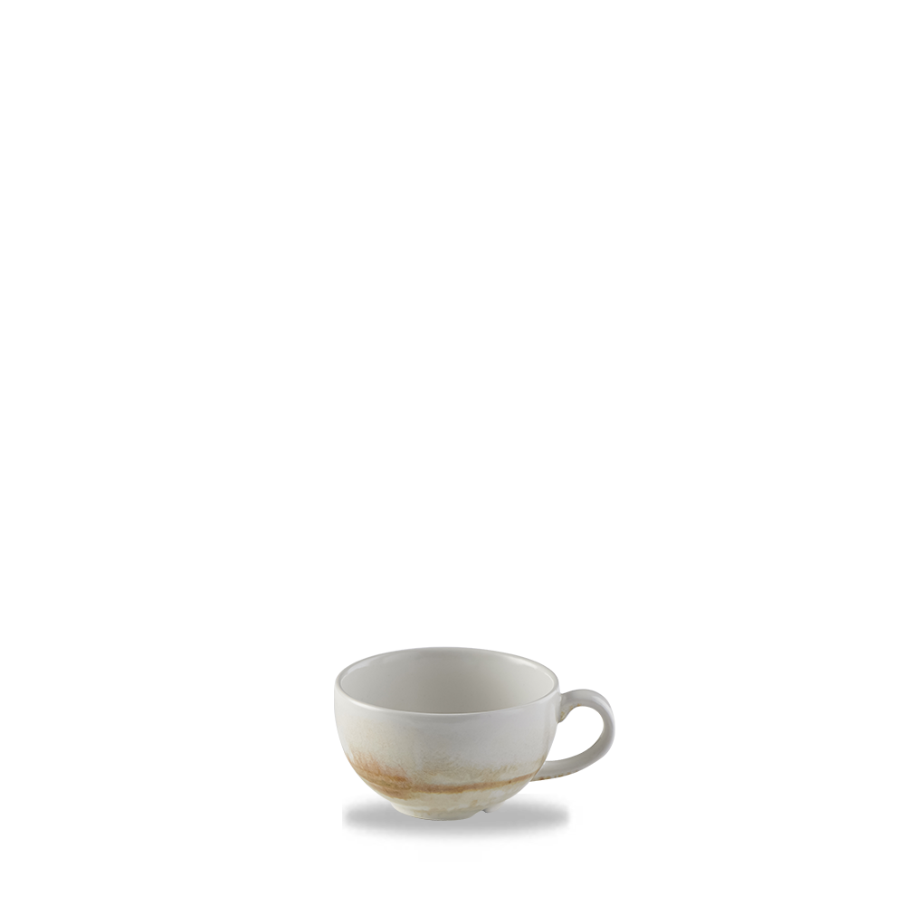 Weiße Tasse mit braunem Rand.