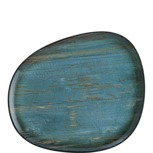 Blauer Teller mit Holzmaserung