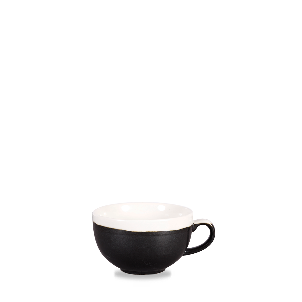 Schwarze Tasse mit Henkel.
