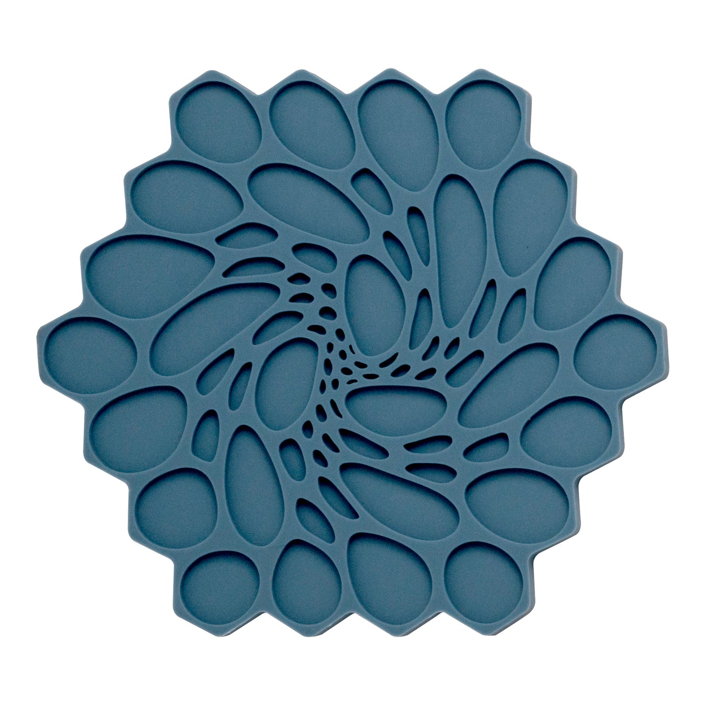 Blauer, geometrischer Untersetzer, spiralförmig.