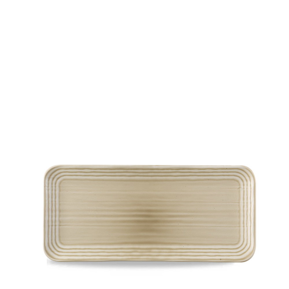 Rechteckiger, beige, gerippter Teller.