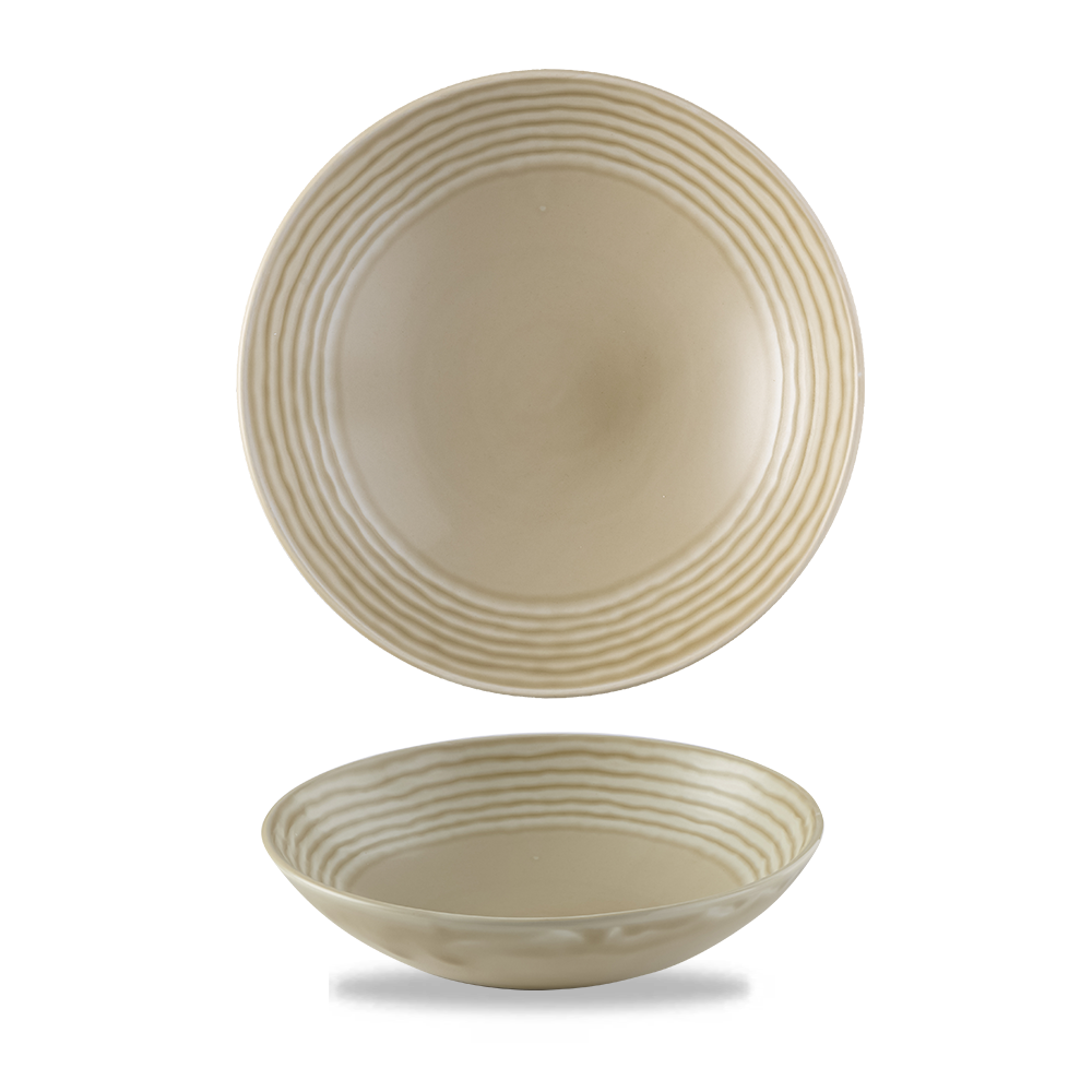 Beige Teller mit Rillenmuster.