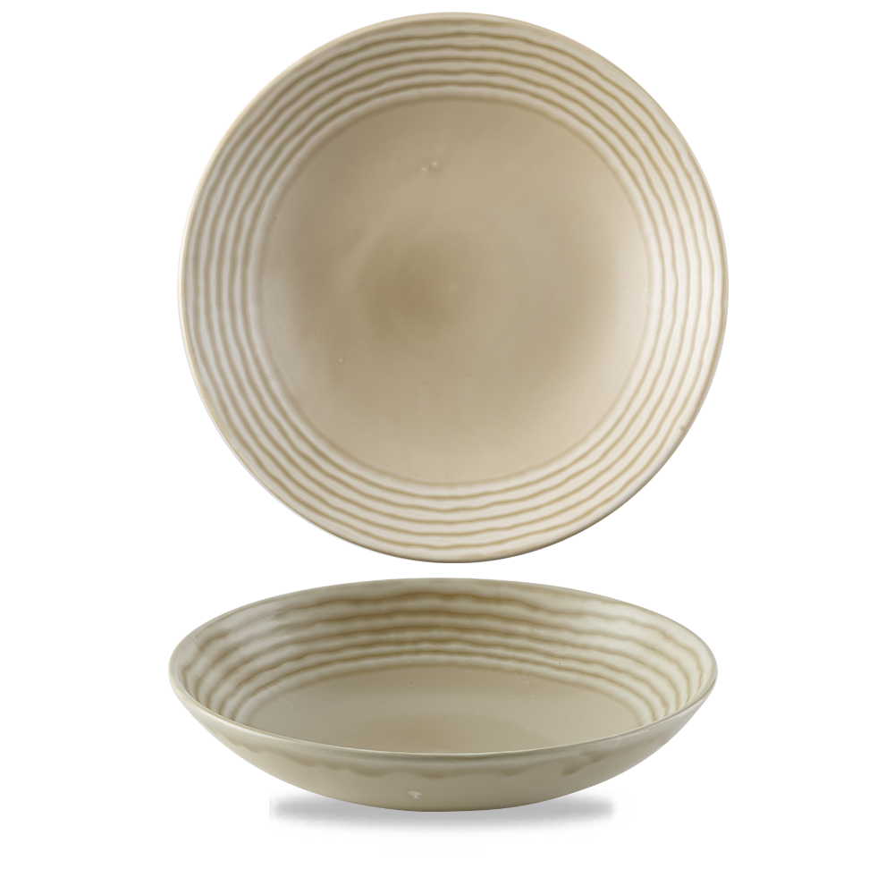 Zwei beige, geriffelte Teller.