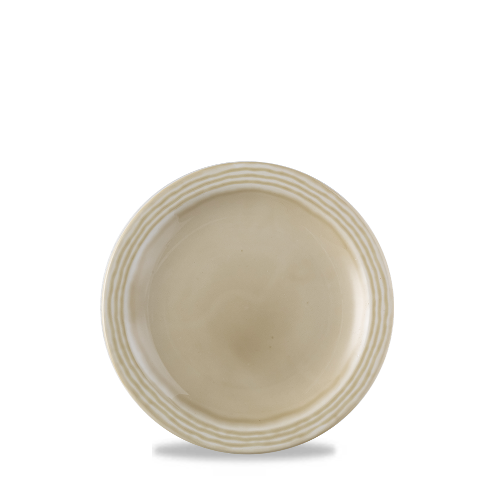 Beiger Teller mit Rillenmuster.