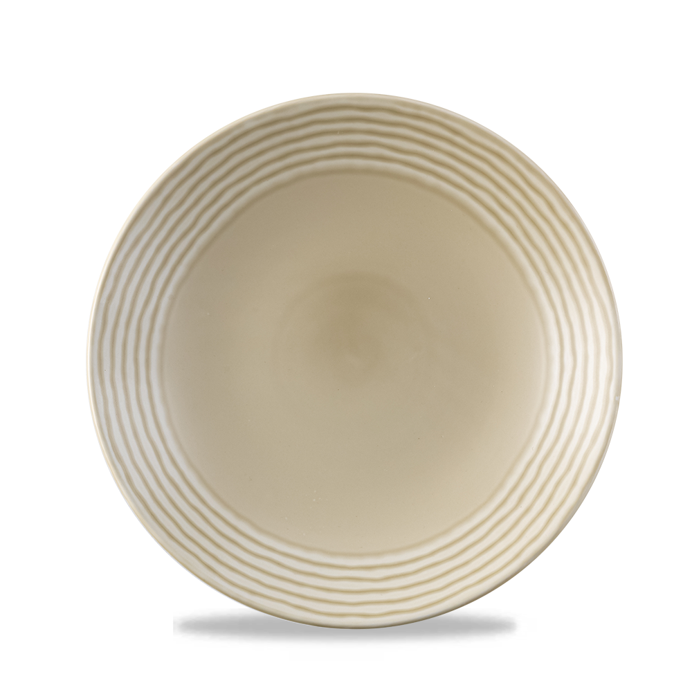 Beiger Teller mit Rillenmuster.