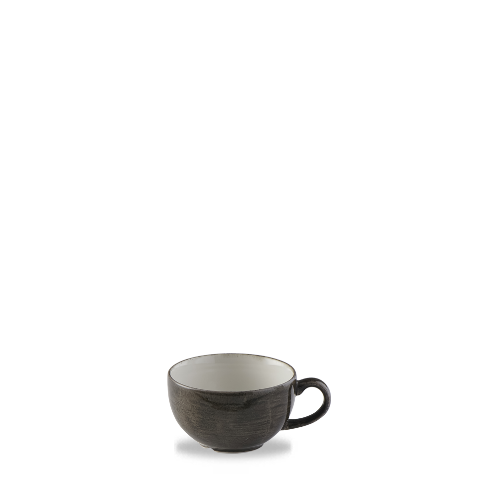 Graue Tasse auf weißem Hintergrund.