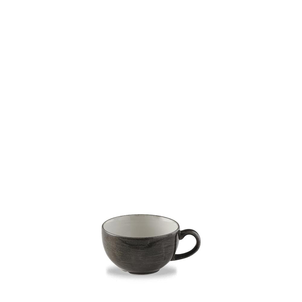 Schwarze Kaffeetasse auf weißem Hintergrund