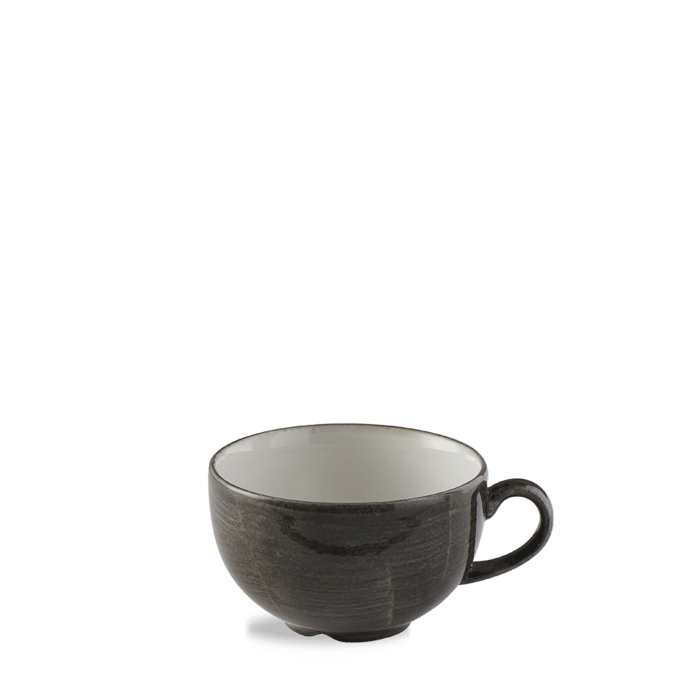 Schwarze Kaffeetasse auf weißem Hintergrund
