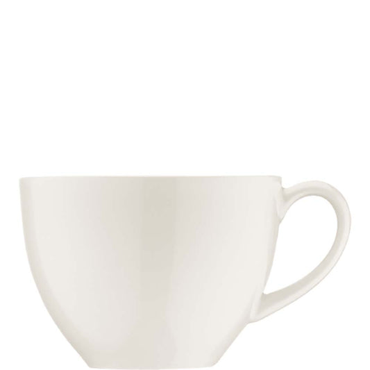 Weiße Tasse auf weißem Hintergrund.