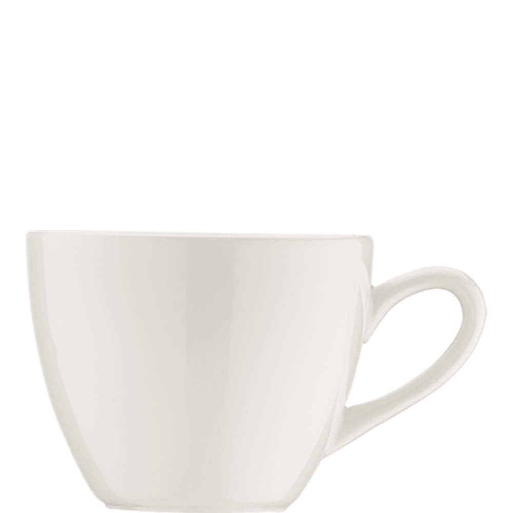 Weiße Tasse auf weißem Hintergrund.