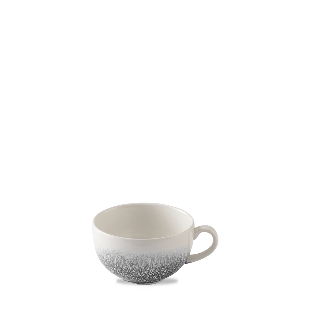 Weiße Tasse mit grauem Muster.