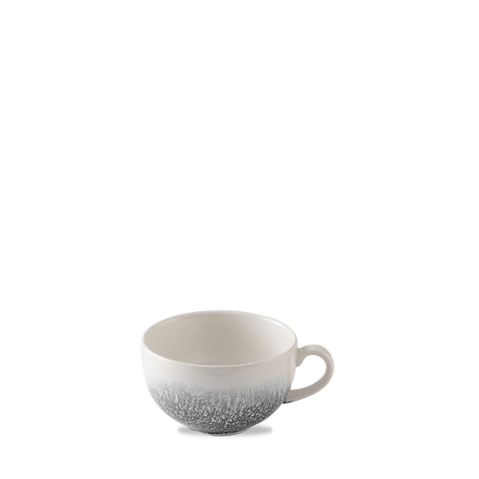 Weiße Tasse mit grauem Muster.