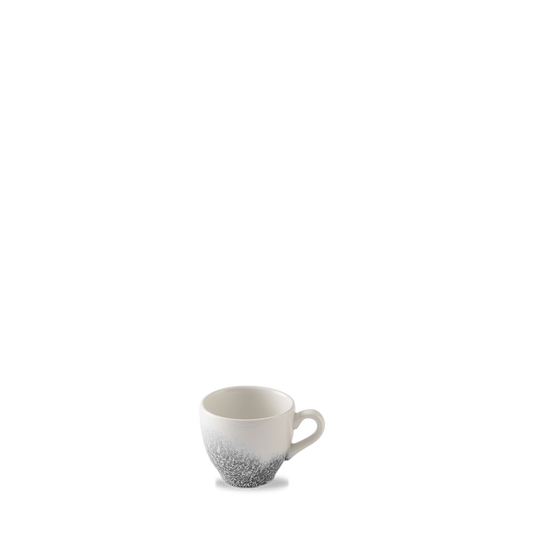 Weiße Tasse mit grauem Muster.